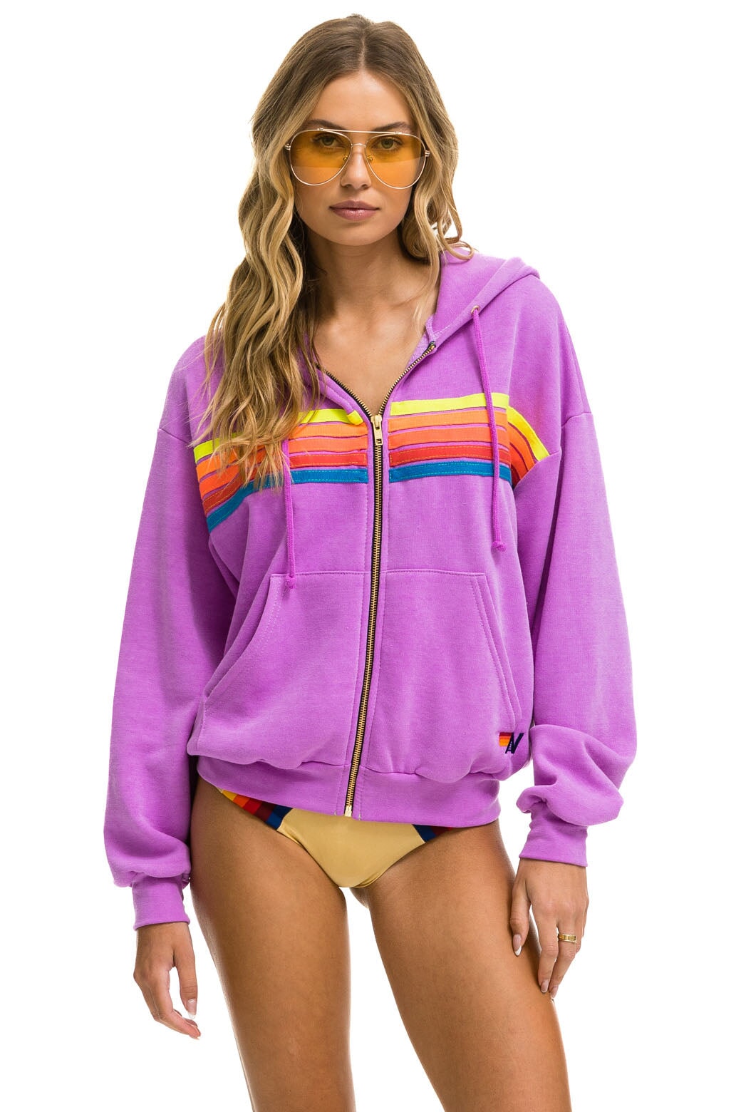 5 STRIPE RELAXED ZIP HOODIE - NEON PURPLE // NEON RAINBOW Hoodie Aviator Nation