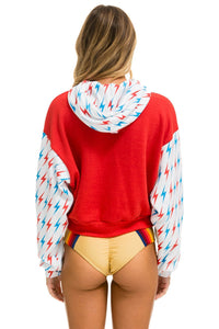 AVIATOR BOLT COLOR BLOCK W/ BOLT EMBROIDERY RELAXED CROPPED PULLOVER HOODIE - RED // USA SALE Aviator Nation