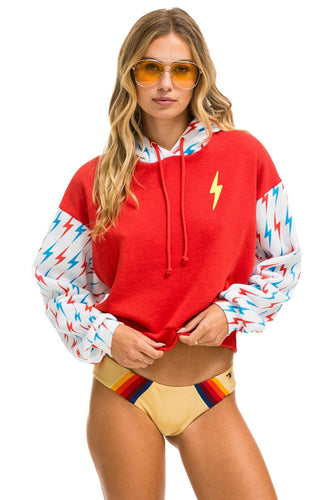 AVIATOR BOLT COLOR BLOCK W/ BOLT EMBROIDERY RELAXED CROPPED PULLOVER HOODIE - RED // USA SALE Aviator Nation
