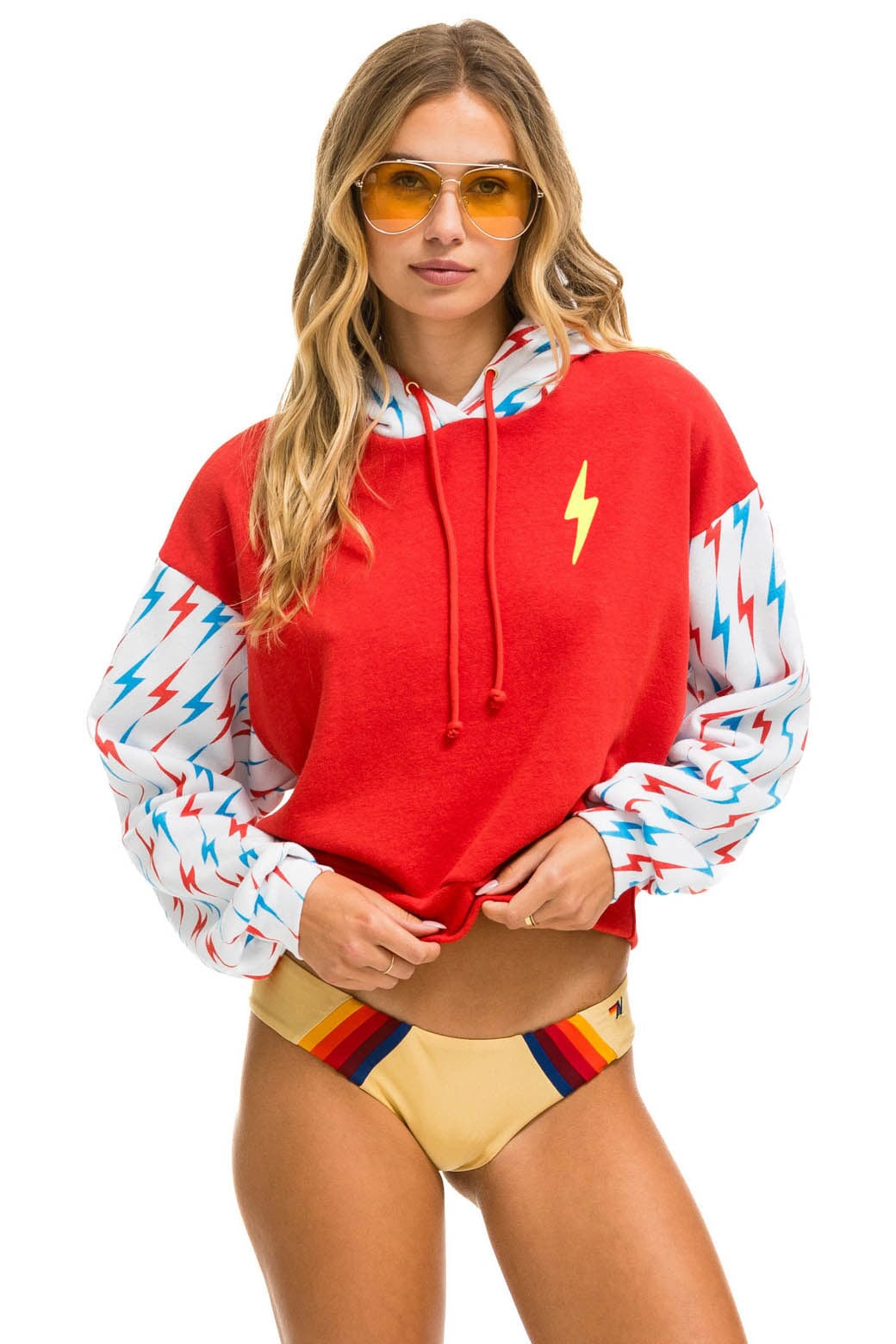 AVIATOR BOLT COLOR BLOCK W/ BOLT EMBROIDERY RELAXED CROPPED PULLOVER HOODIE - RED // USA SALE Aviator Nation