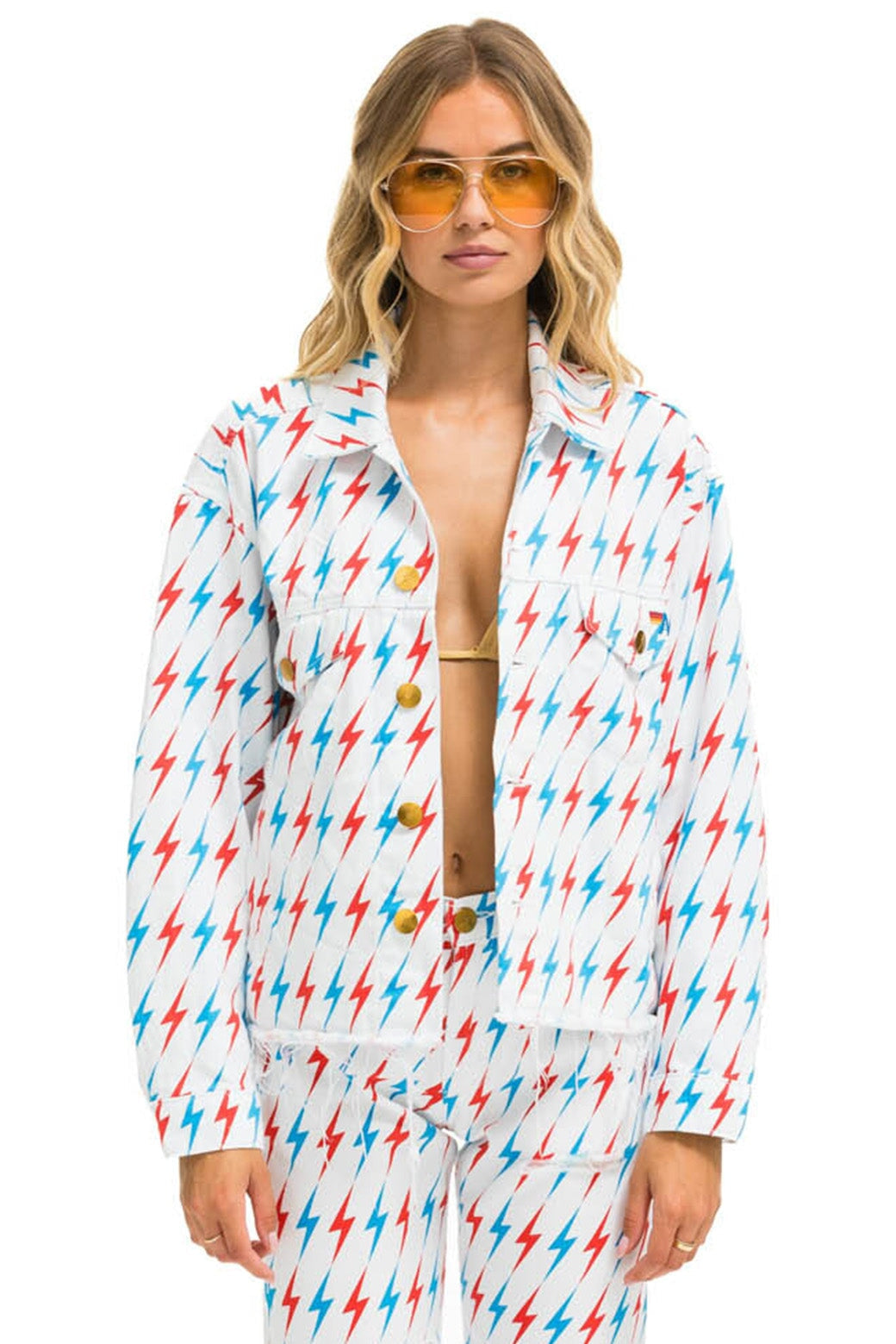 AVIATOR BOLT OVERSIZED CUTOFF DENIM JACKET - WHITE Denim Jacket Aviator Nation