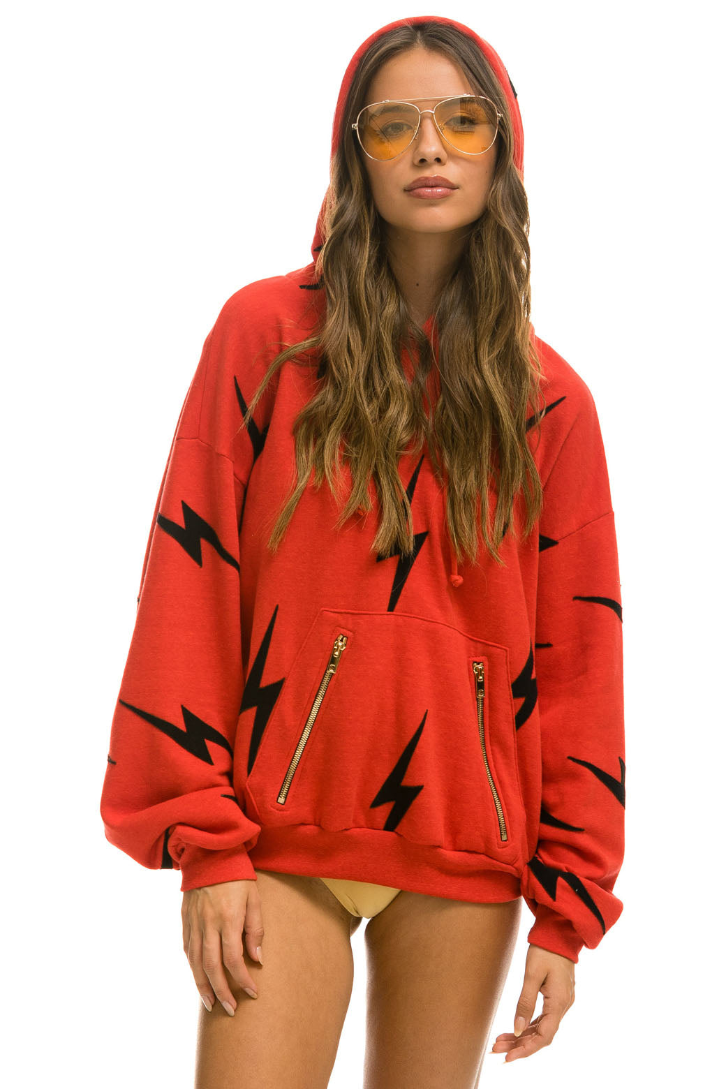 BOLT STITCH REPEAT RELAXED PULLOVER HOODIE WITH POCKET ZIPPERS - RED // BLACK Hoodie Aviator Nation