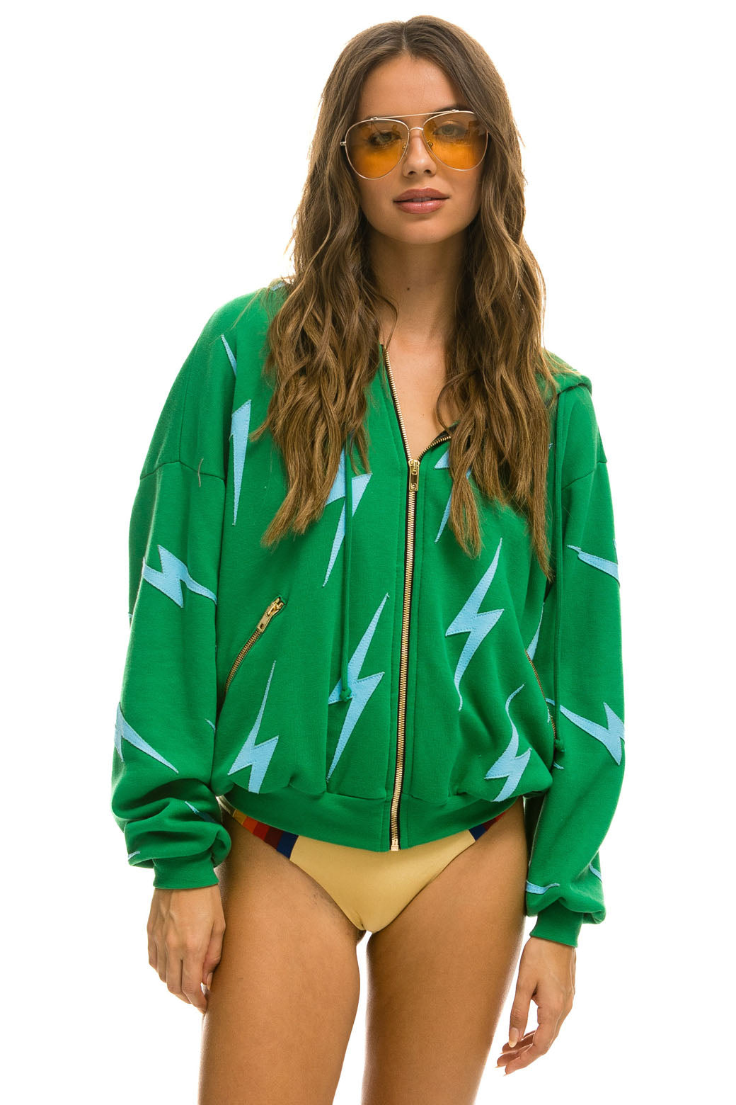 BOLT STITCH REPEAT RELAXED ZIP HOODIE WITH POCKET ZIPPERS - KELLY GREEN // BLUE Hoodie Aviator Nation