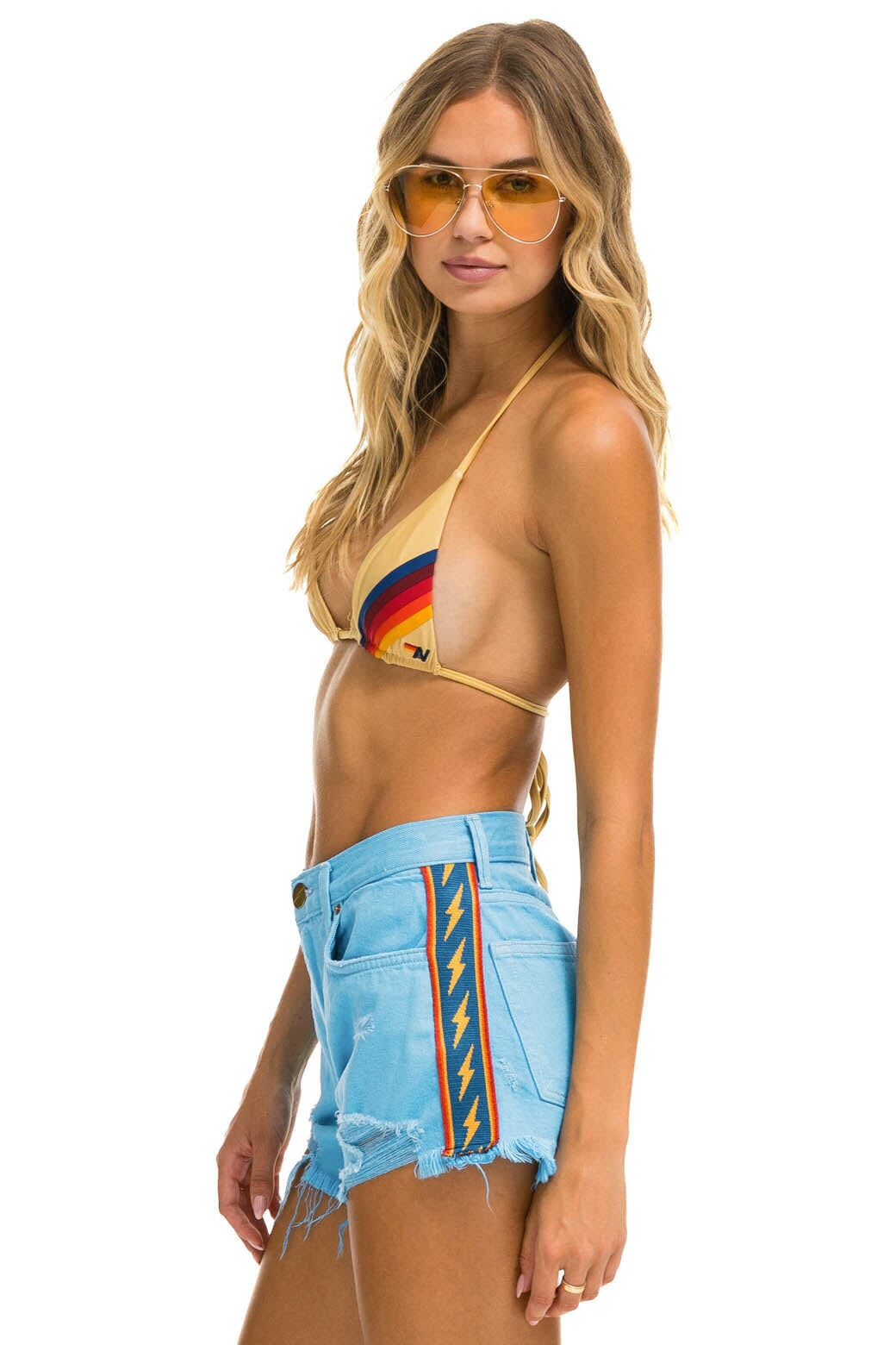 BOLT STRIPE BOYFRIEND CUTOFF JEAN SHORTS - SKY Denim Shorts Aviator Nation