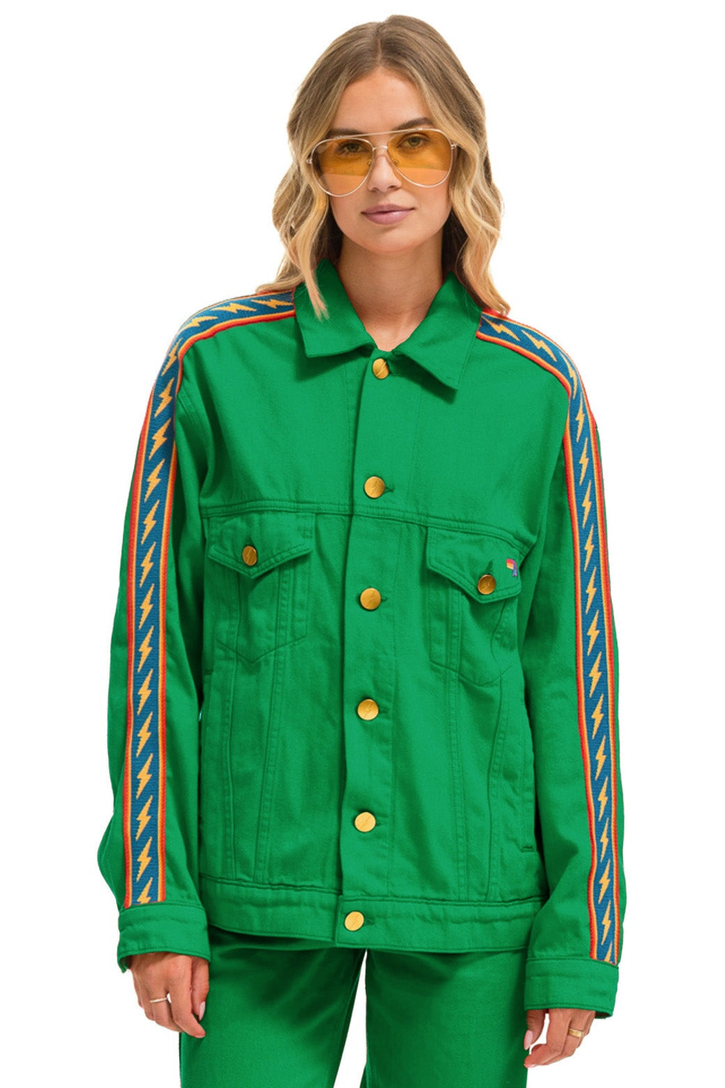 BOLT STRIPE OVERSIZED CONCERT DENIM JACKET - KELLY GREEN Denim Jacket Aviator Nation