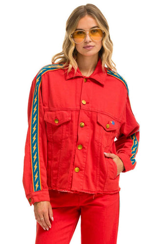 BOLT STRIPE OVERSIZED CUTOFF DENIM JACKET - RED Denim Jacket Aviator Nation