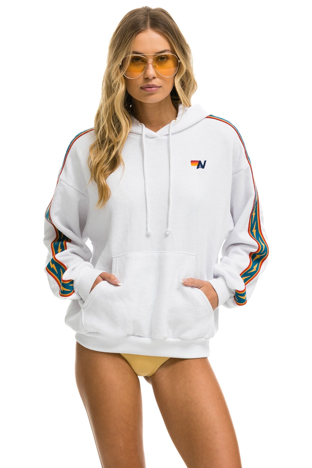 BOLT STRIPE RELAXED PULLOVER HOODIE - WHITE Aviator Nation