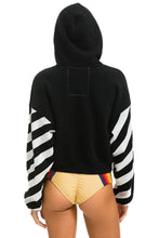 Last inn bildet i Galleri-visningsprogrammet, CAUTION STRIPE SLEEVE SMILEY 2 EMBROIDERY RELAXED CROPPED PULLOVER HOODIE - BLACK // WHITE Hoodie Aviator Nation