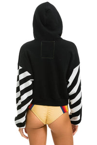CAUTION STRIPE SLEEVE SMILEY 2 EMBROIDERY RELAXED CROPPED PULLOVER HOODIE - BLACK // WHITE Hoodie Aviator Nation