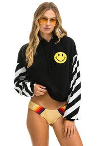 CAUTION STRIPE SLEEVE SMILEY 2 EMBROIDERY RELAXED CROPPED PULLOVER HOODIE - BLACK // WHITE Hoodie Aviator Nation