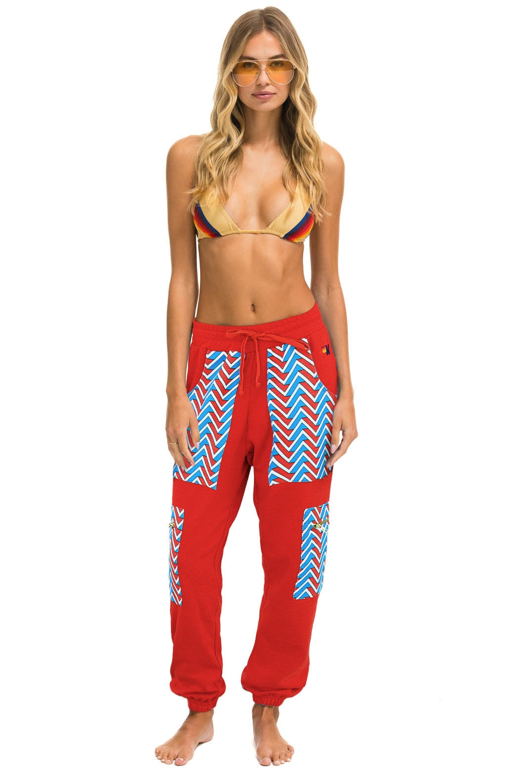 GEO ZIG BOLT EMBROIDERY CARGO COLOR BLOCK SWEATPANTS - RED // BLUE Sweatpants Aviator Nation