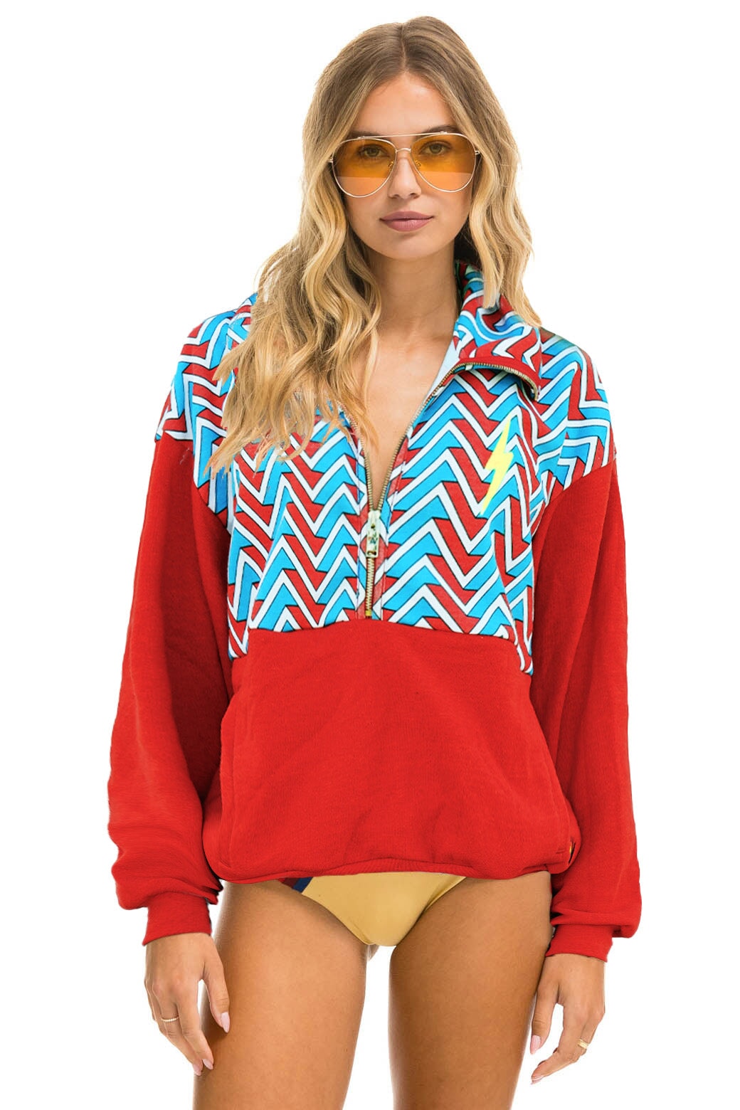 GEO ZIG BOLT EMBROIDERY FLEECE HALF ZIP COLOR BLOCK SWEATSHIRT - RED // BLUE Sweatshirt Aviator Nation