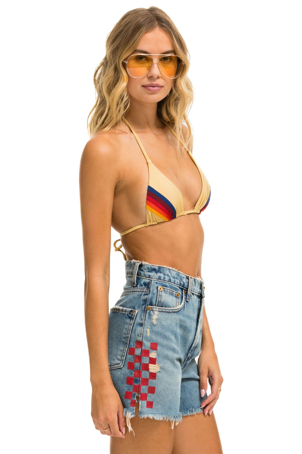 HI RISE SKATER CUTOFF SIDE RED CHECK - VINTAGE Denim Shorts Aviator Nation