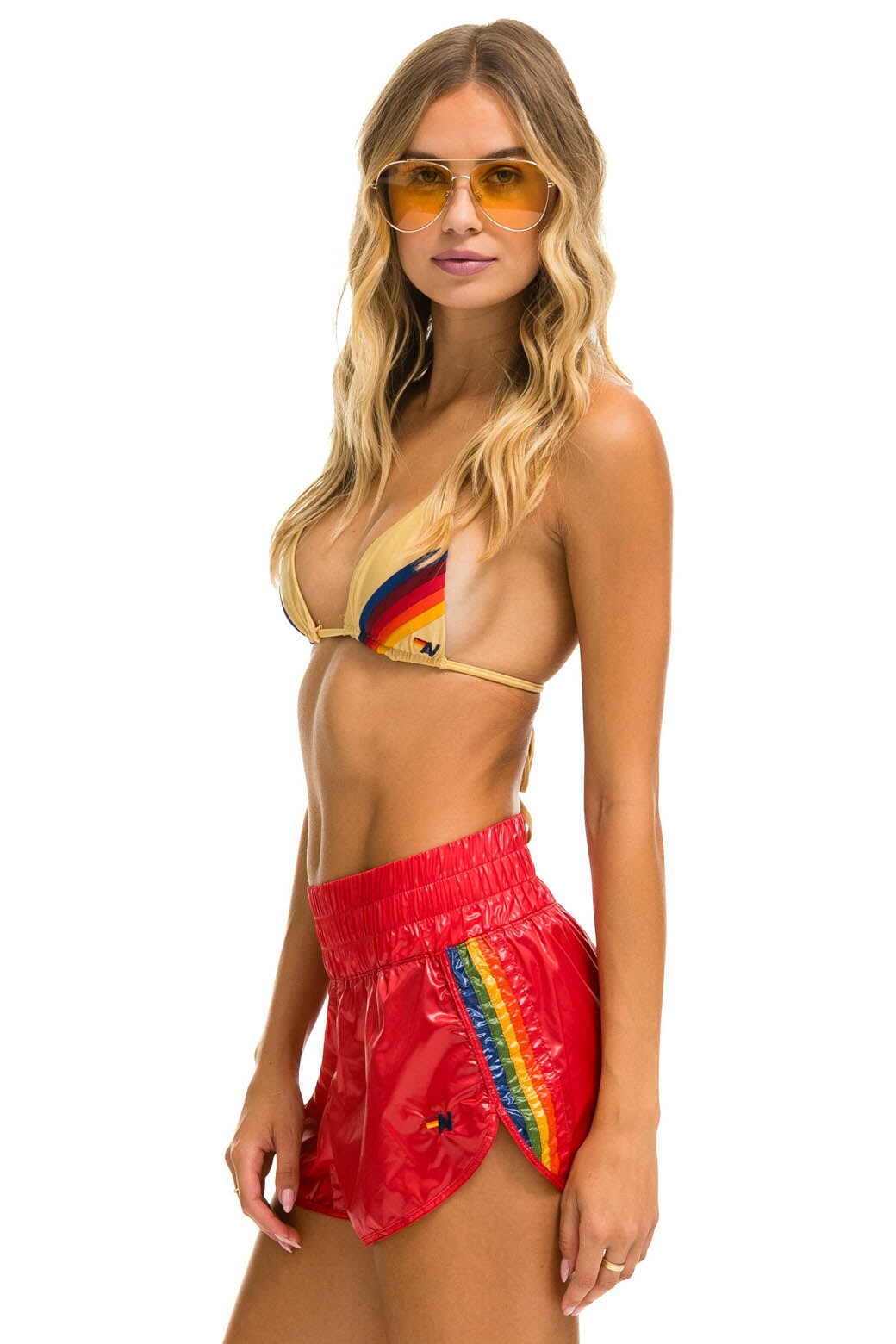 HIGH RISE 5 STRIPE NYLON JOGGER SHORT - GLOSSY CHERRY Women's Jogger Shorts Aviator Nation