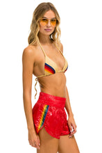 Carregar imagem no visualizador da galeria, HIGH RISE 5 STRIPE NYLON JOGGER SHORT - GLOSSY CHERRY Women&#39;s Jogger Shorts Aviator Nation