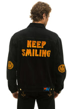 Load image into Gallery viewer, KEEP SMILING OVERSIZED CONCERT DENIM JACKET - VINTAGE BLACK Denim Jacket Aviator Nation