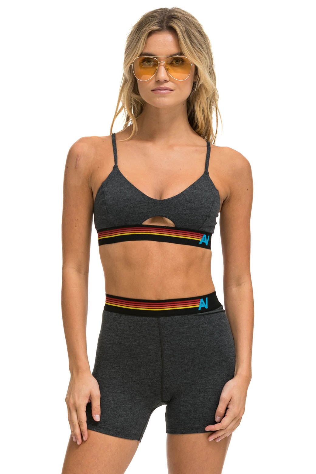 LOGO ELASTIC KEYHOLE BRA - CHARCOAL Sports Bra Aviator Nation