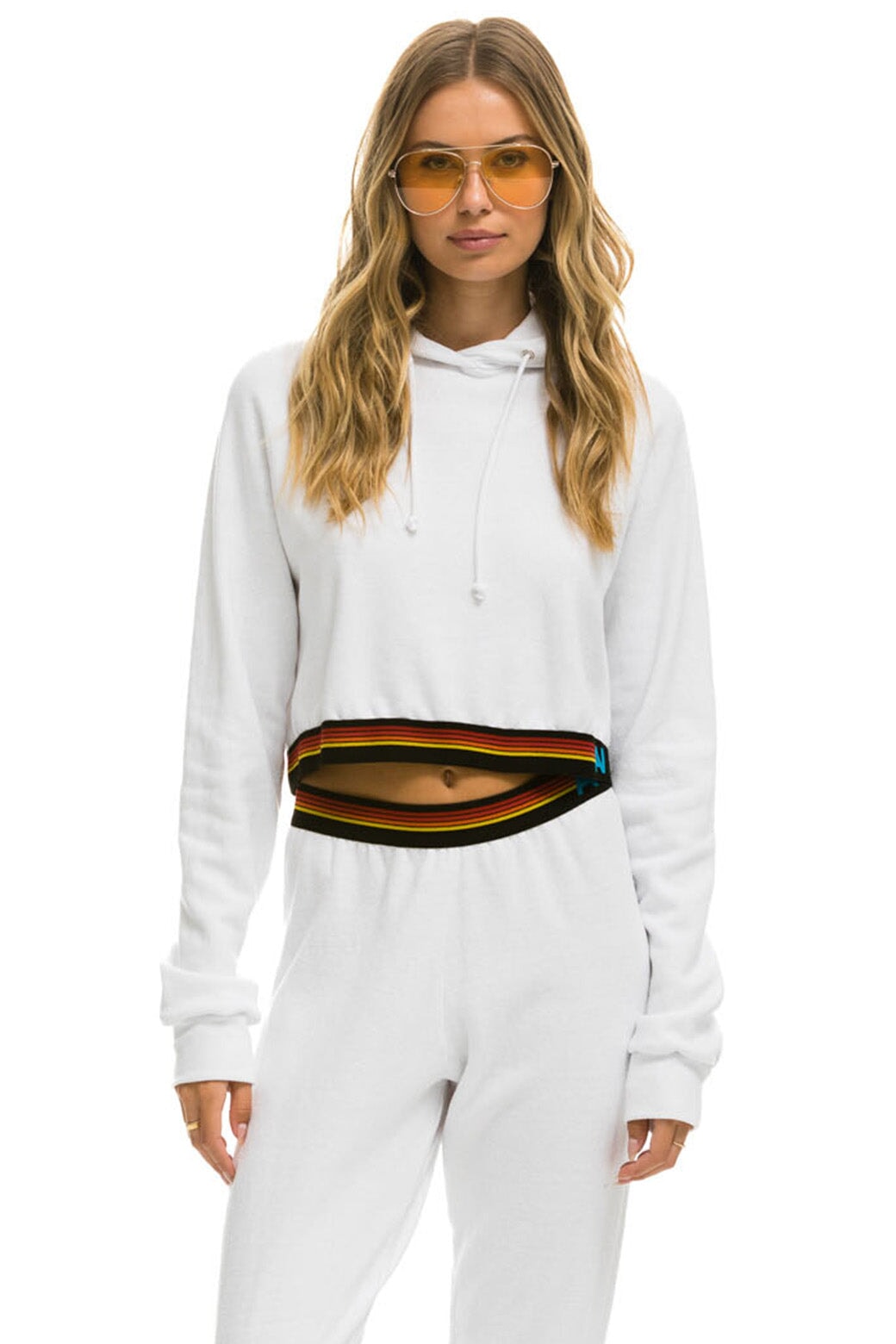 LOGO STRIPE RELAXED CROP PULLOVER HOODIE - WHITE Hoodie Aviator Nation