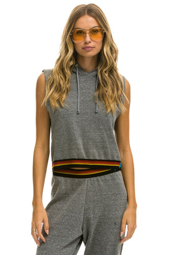 LOGO STRIPE RELAXED SLEEVELESS CROP PULLOVER HOODIE - HEATHER GREY Hoodie Aviator Nation