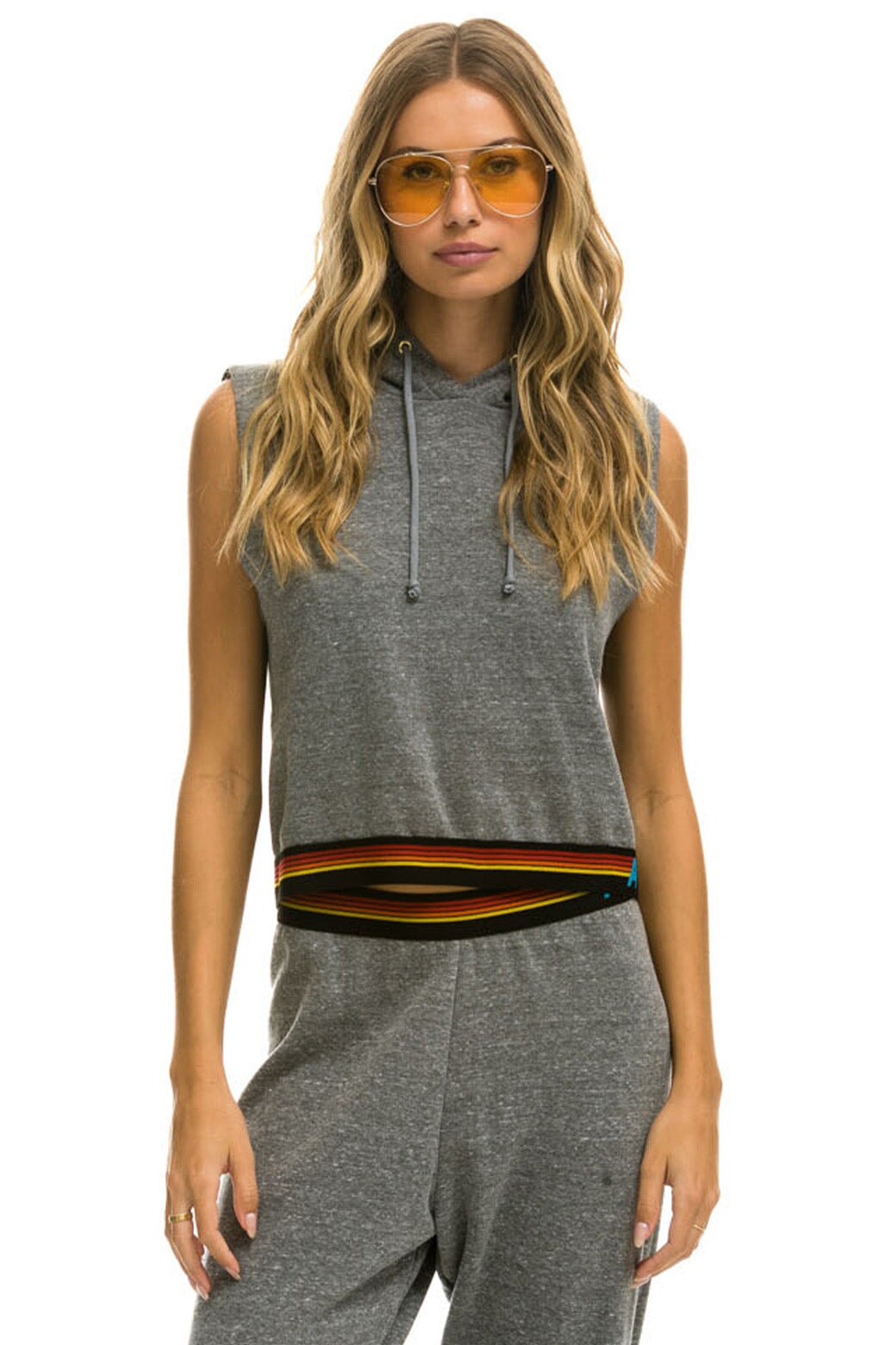 LOGO STRIPE RELAXED SLEEVELESS CROP PULLOVER HOODIE - HEATHER GREY Hoodie Aviator Nation