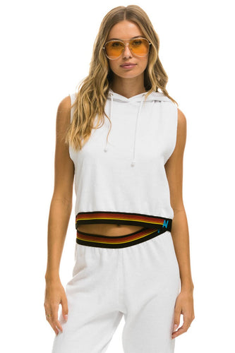 LOGO STRIPE RELAXED SLEEVELESS CROP PULLOVER HOODIE - WHITE Hoodie Aviator Nation