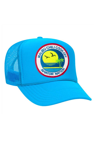 MALIBU CHILI COOK-OFF 2023 VINTAGE LOW RISE TRUCKER HATS Aviator Nation NEON BLUE
