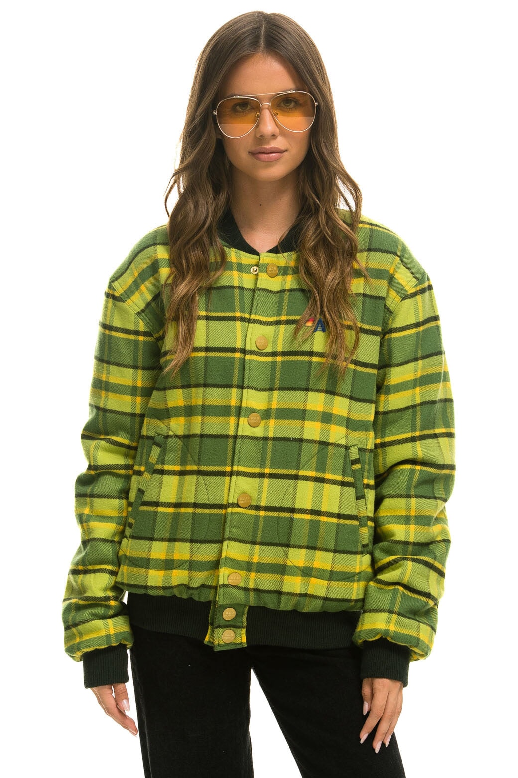 PLAID UNISEX VARSITY JACKET - AVOCADO PLAID Flannel Aviator Nation