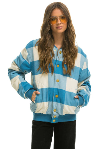 PLAID UNISEX VARSITY JACKET - SKY PLAID Flannel Aviator Nation