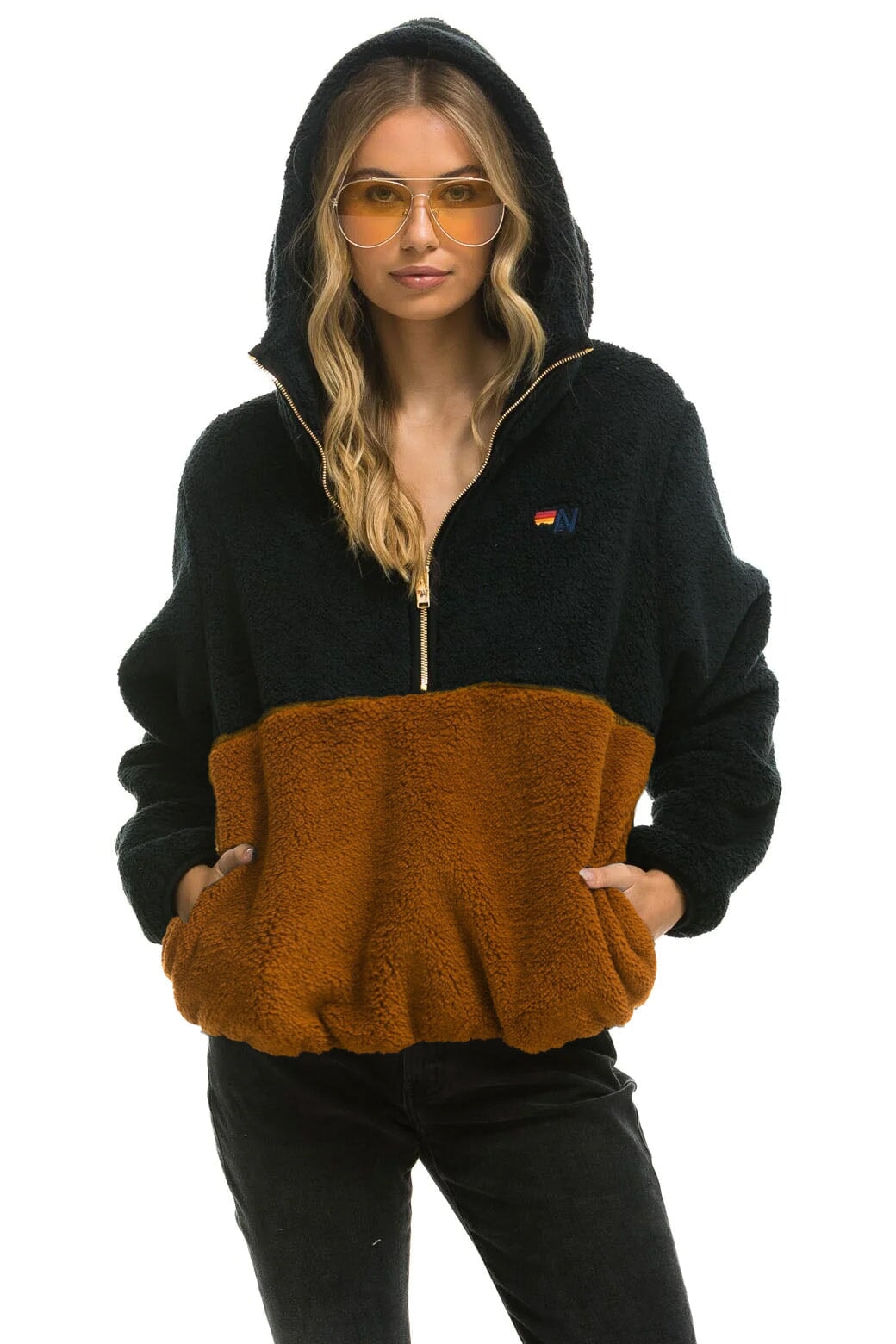 TEDDY UNISEX HOODED HALF ZIP COLOR BLOCK JACKET - BLACK Women's Outerwear Aviator Nation