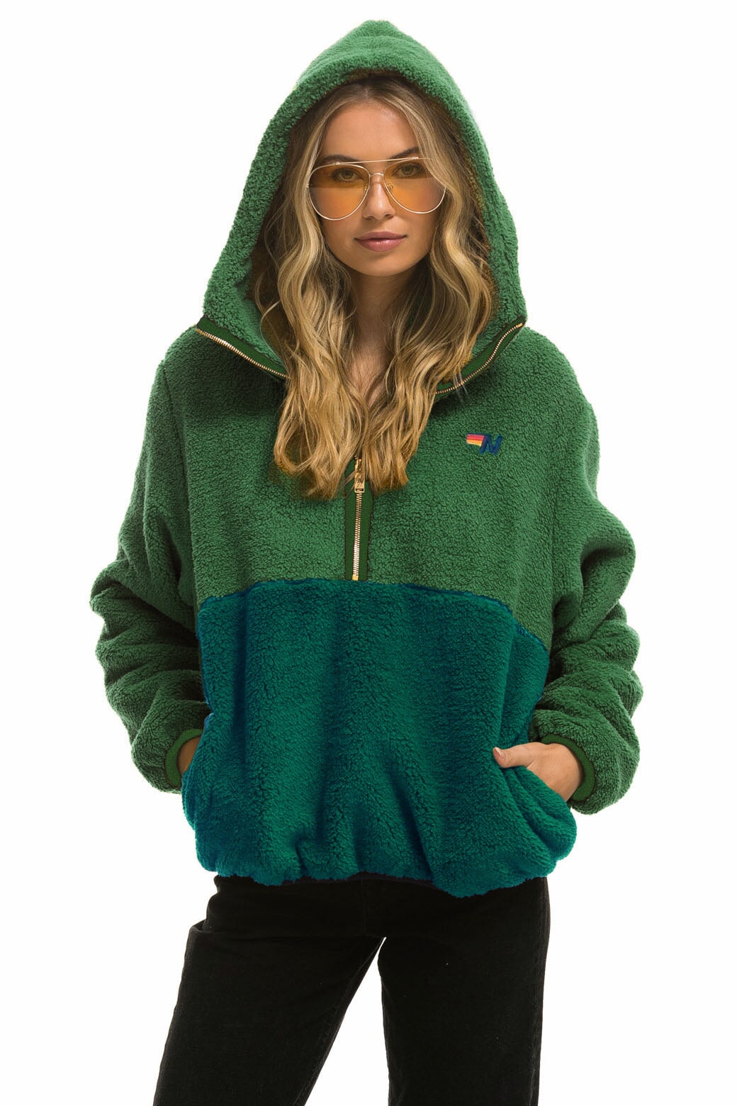TEDDY UNISEX HOODED HALF ZIP COLOR BLOCK JACKET - GARDEN GREEN Unisex Outerwear Aviator Nation