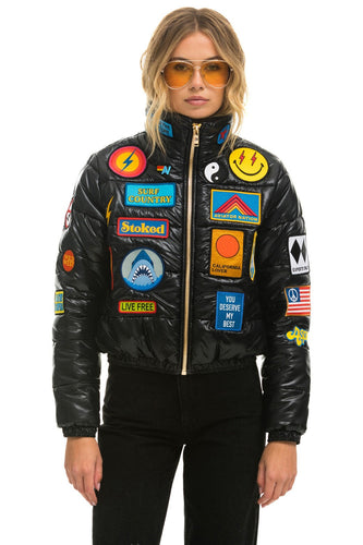 VINTAGE PATCH APRES PUFFER JACKET - BLACK GLOSSY Women's Outerwear Aviator Nation