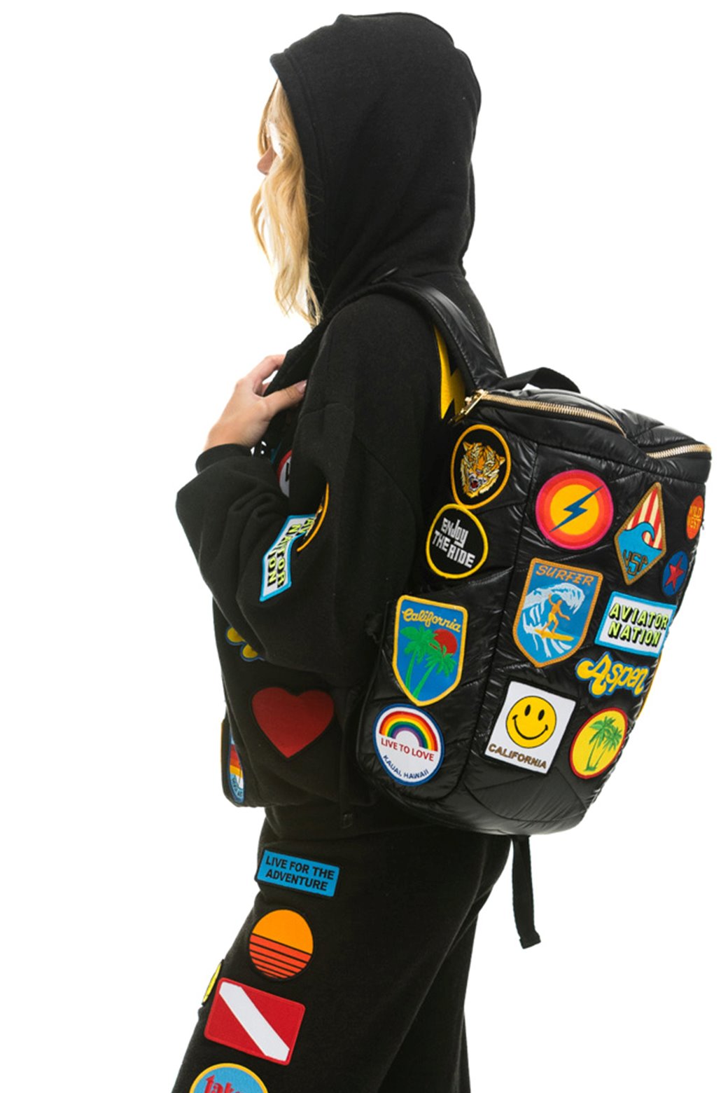 black leather patch backpack VINTAGE PATCH PUFFER BACKPACK